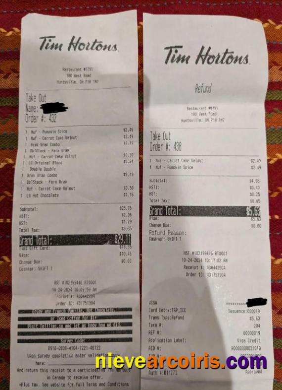 Tim Hortons company payment receipt